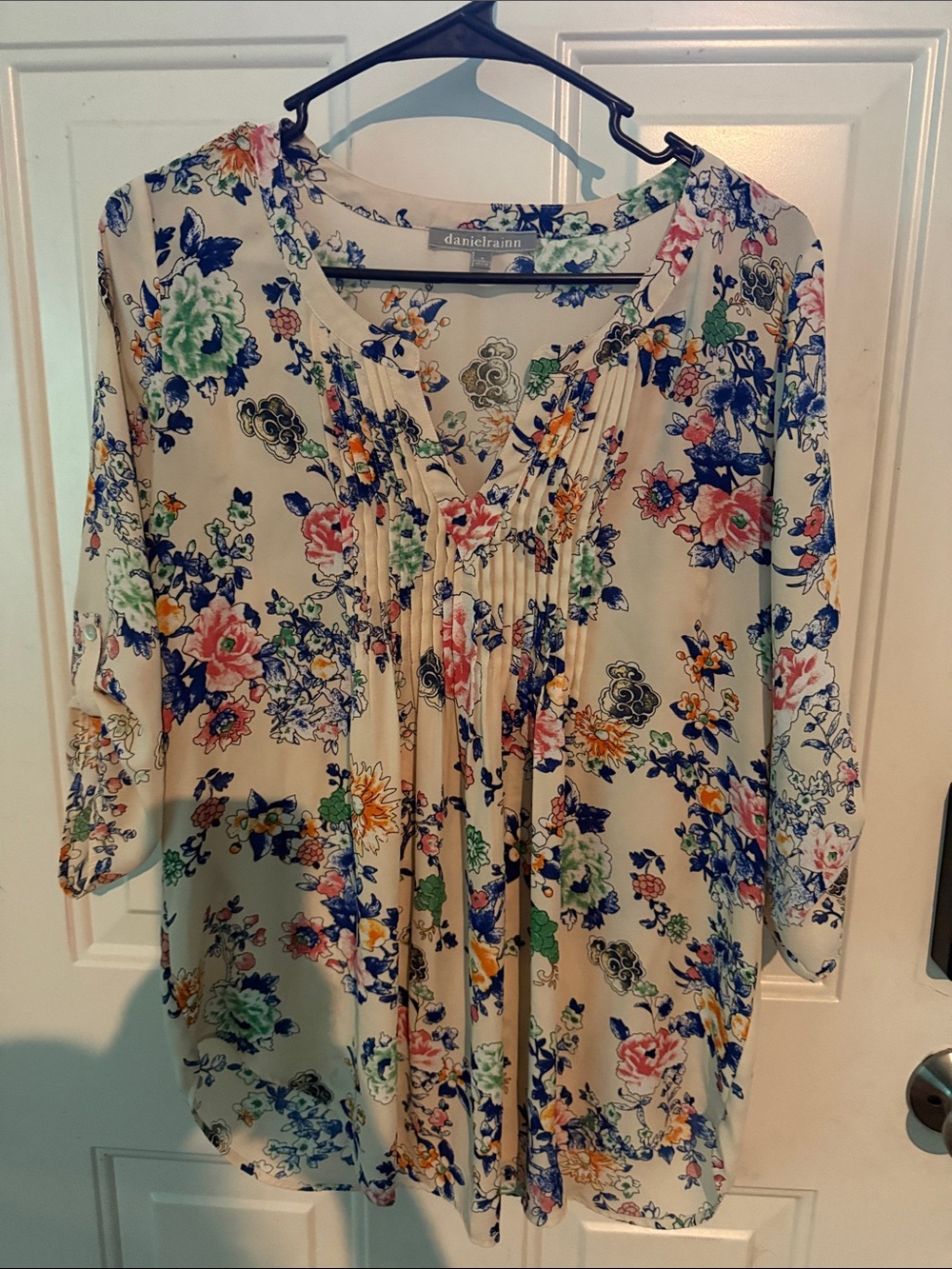 Daniel Rainn Cream Floral Pleated V-Neck Blouse with Multicolor Print